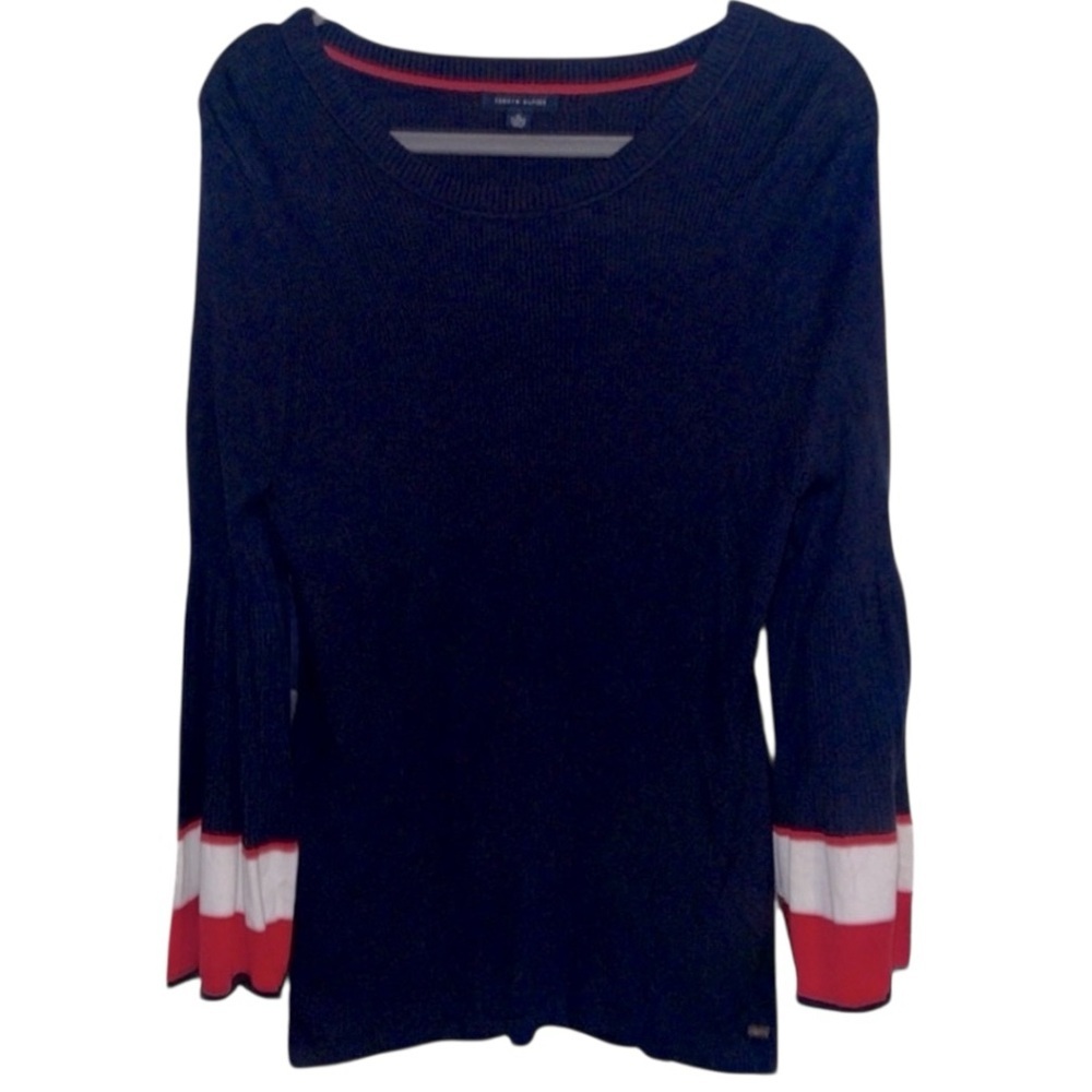 Tommy Hilfiger Black Scoop Neck Sweater with Red & White Stripe Cuffs